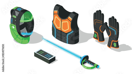 Futuristic gaming gear collection with neon accents and isometric design