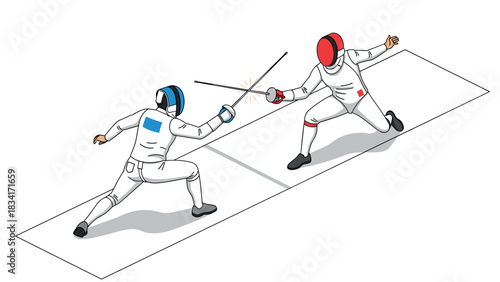 Dynamic fencing duel in action on competition strip with bold outfits