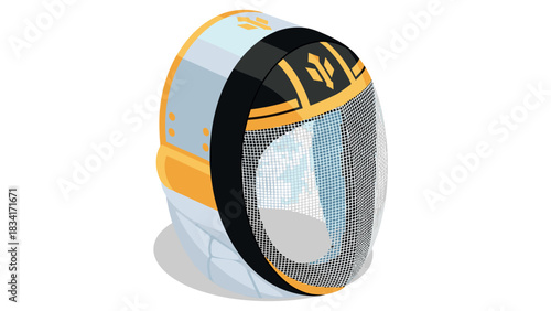 Modern fencing mask design in isometric style with sleek details