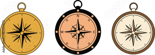 Vintage compass vector illustration set featuring nautical navigation symbols with directional rose design and classic style