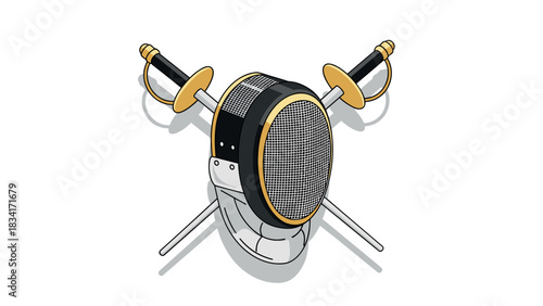Isometric fencing mask and swords on white background