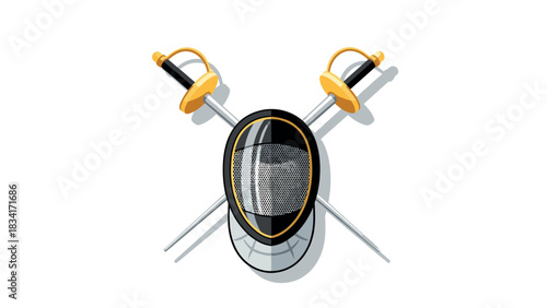 Fencing gear with mask and swords on white background