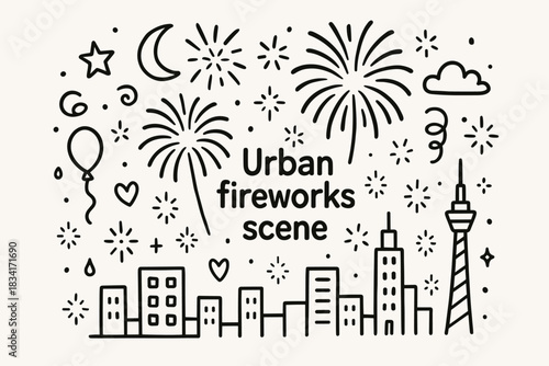 Urban Fireworks Spectacle. Urban fireworks scene. Hand-drawn doodle illustration of Urban fireworks scene.