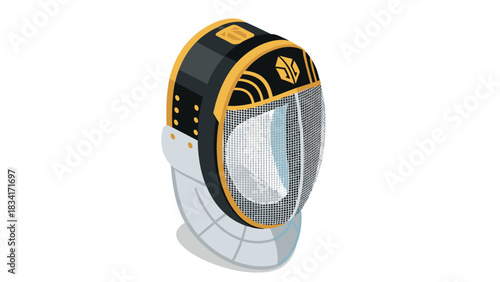 Isometric fencing mask with mesh detail and black-gold accents