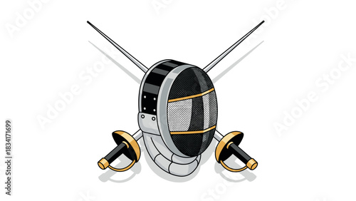 Fencing helmet and epees with shadows in contemporary flat art style