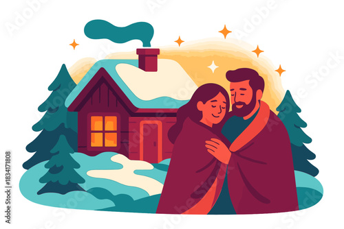 Winter Cabin Romance. Cozy cabin getaway. Couple wrapped in blankets by snowy cabin, tiny spark shapes and
