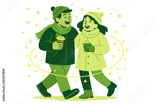 Joyful Winter Stroll. Holiday stroll. Couple laughing and sipping hot drinks, soft snowflakes drifting,