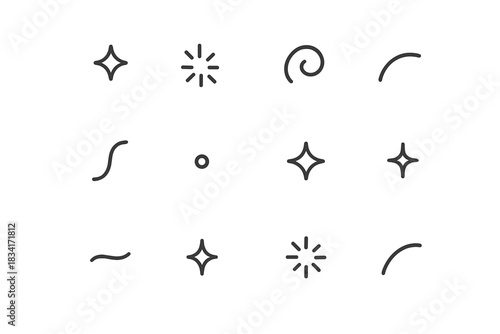 Cozy Dance Icons. Cozy dance details. Line outline icon set of Cozy dance details: miniature spark, tiny flare
