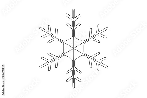 Minimalist Snowflake Art. Detailed ice crystal. Minimalistic one-line drawing macro snowflake with six-pointed