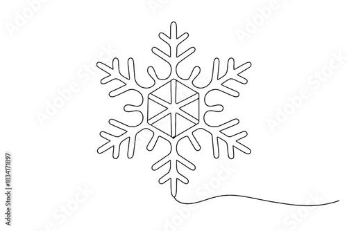 Minimalist Snowflake Design. Snowflake frost macro. Minimalistic one-line drawing detailed hexagonal ice