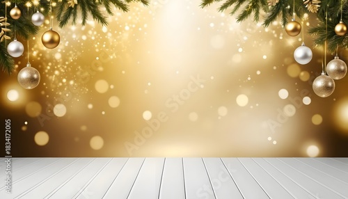 Sparkling golden Christmas holiday background with elegant ornaments, twinkling bokeh lights, and a white wooden table, ideal for festive season product displays or greeting card designs