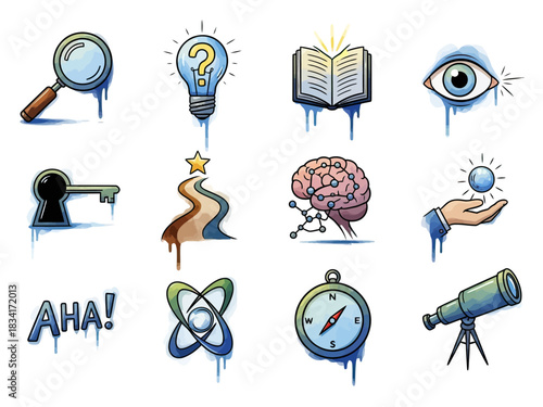 Collection of Icons Illustrating Creativity, Discovery, and Knowledge Concepts