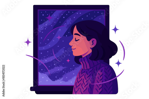 Cozy Winter Window. Frost-kissed window portrait. Cozy sweater textures highlighted by warm indoor light, snow