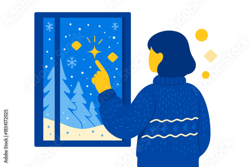 Cozy Winter Reflection. Snowy morning reflection. Person in cozy knit sweater stands near frosted window, tiny