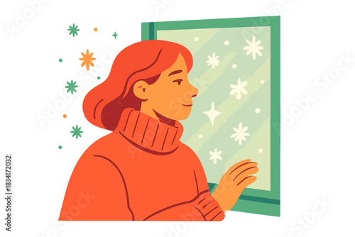 Winter Window View. Warm winter gaze. Person in oversized sweater looks outside frosty glass, snowflakes and