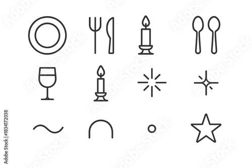 Candlelight Dinner Icons. Candlelight dinner on New Year’s Eve. Line outline icon set of Candlelight dinner on