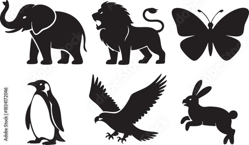 Black silhouette icons of elephant lion butterfly penguin eagle rabbit on white background vector