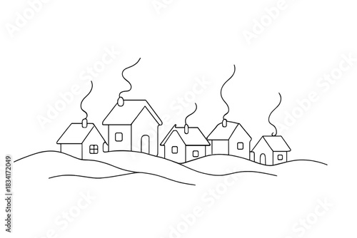 Minimalist Frosted Hamlet. Cozy frosted hamlet. Minimalistic one-line drawing tiny houses with smoke and