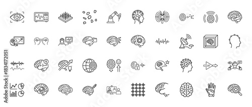 Neuroscience line icon set. vector pictograms of brain activity, eeg, robotic arm, and neural networks, thin outline illustration.