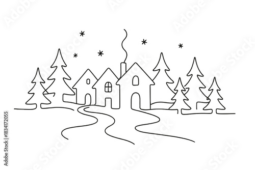 Minimalist Snow Village. Magical snow village scene. Minimalistic one-line drawing small village with winding