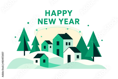 New Year Tranquility. New Year Peaceful Scene. Flat minimalist vector illustration of a New Year Peaceful