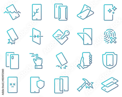 Simple Smartphone Protection Set Related Vector Line Icons. Contains icons such as Screen Protector, Delicate Touch, Tempered Glass and more.	