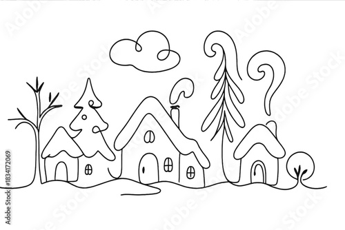 Minimalist Winter Village. Winter fairy village. Minimalistic one-line drawing small cottages with snow and