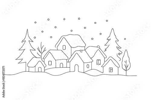 Snowy Hamlet Outline. Snowy magical hamlet. Minimalistic one-line drawing cluster of snow-covered houses with
