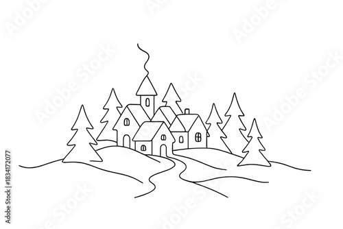 Winter Wonderland Minimalism. Magical winter settlement. Minimalistic one-line drawing rooftops, snowy paths,