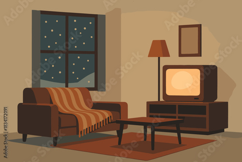 Cozy Winter TV Night. Winter evening TV watching minimalist flat illustration of a geometric living room with