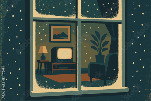 Cozy Frosty Room. Frosty window view minimalist flat illustration of living room with TV casting soft light