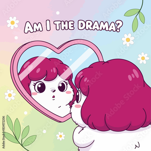 Cute cartoon animal character questioning its own behavior in a heart-shaped mirror