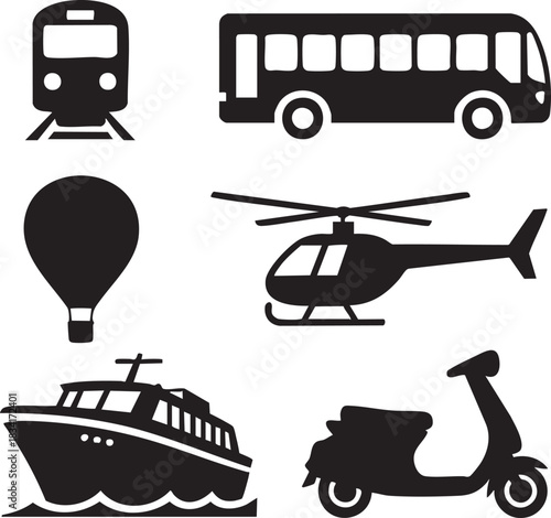 Collection of black silhouette icons representing various modes of transportation vehicle travel