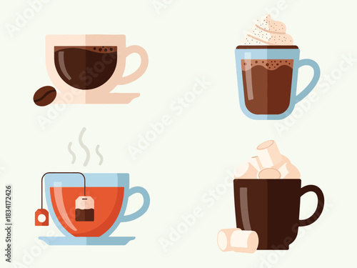 Four different hot beverages illustrated in a flat design style