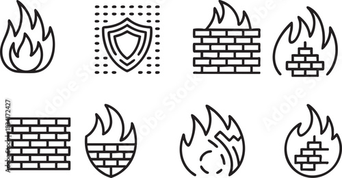 Collection of eight distinct black and white firewall and shield icons on white background protection