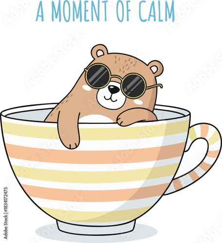 Cute cartoon bear in oversized teacup wearing sunglasses, relaxed mood. Concept of chill, calmness and relaxation
