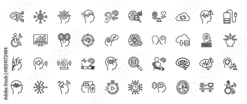 Artificial intelligence and neuroscience line icon set. Vector pictograms of brain, data, security, and human-computer interaction, thin outline illustration.