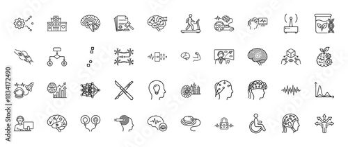 Neuroscience line icon set. Vector pictograms of brain activity, eeg, technology, and medical research, thin outline illustration.