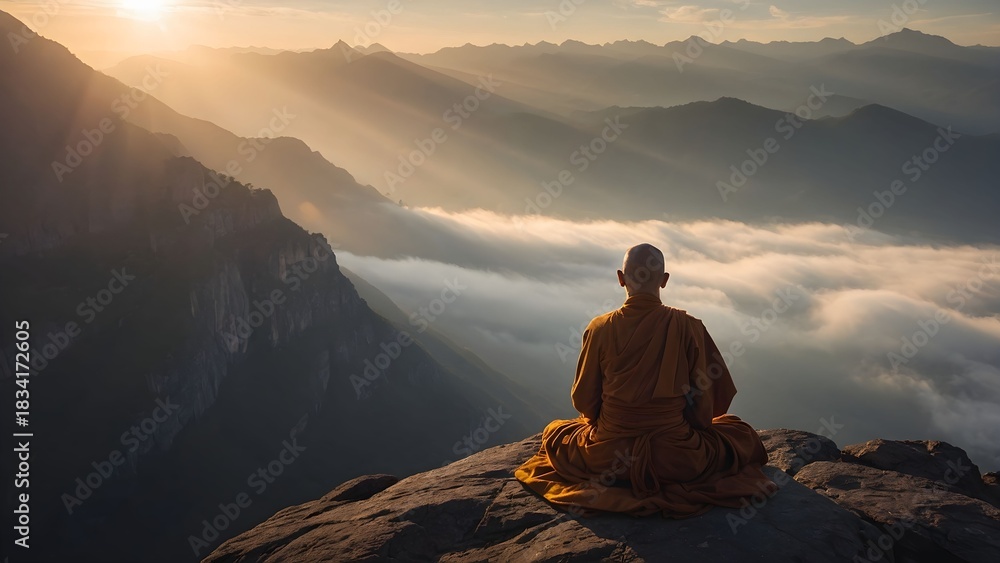 Fototapeta premium Monk sitting on mountain rock observing sunrise over foggy valley and distant peaks in serene morning light Generative AI