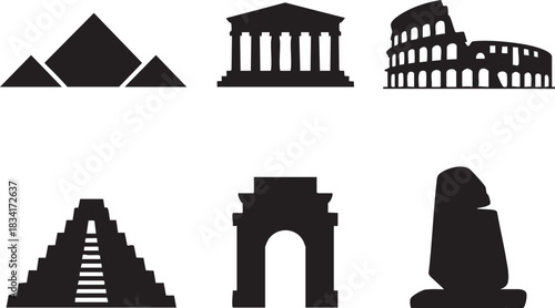 Six black silhouette graphic elements of famous landmarks and ancient structures pyramid egypt