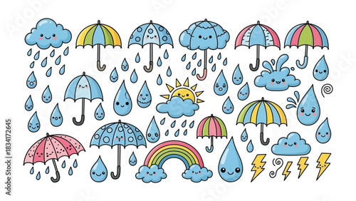 Colorful Weather Elements: A collection of charming cartoon weather elements, featuring cheerful clouds, playful raindrops, and vibrant umbrellas. This artwork brings a smile.
