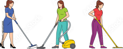 Women cleaning floors vector illustration set featuring mopping and vacuuming household chores characters