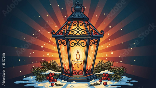 A vintage ornate lantern with a lit candle inside adorned with pine branches and red berries sits on snow under a starry night sky with radiating light