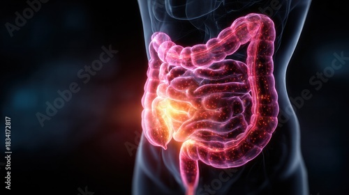 Human Intestinal System: A detailed and artistic representation of the human intestinal system, emphasizing its intricate structures and vital functions within the human body.
