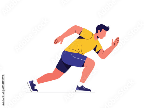 Illustration of a man in a yellow shirt and blue shorts running at full speed.