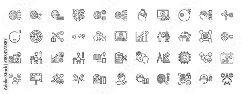 Artificial intelligence and technology line icon set. Vector pictograms of machine learning, neural networks, and digital brains, thin outline illustration.