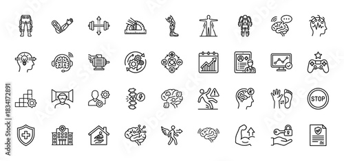 Bionics, robotics, and medical technology line icon set. Vector pictograms of brain activity, limbs, prosthetics, and health insurance, thin outline illustration.