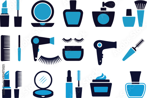 beauty products vector set including cosmetics, brushes and skincare tools ideal for makeup branding, salon visuals and beauty marketing.