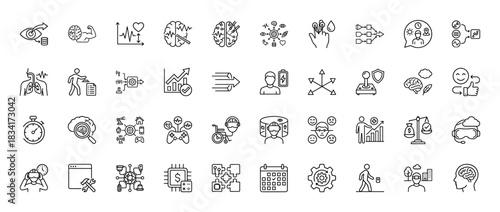 Technology and business line icon set. Vector pictograms of brain, VR headset, analysis chart, data, and health, thin outline illustration.