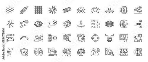 Science and technology line icon set. Vector pictograms of nanotechnology, artificial intelligence, data analysis, and cyber security, thin outline illustration.